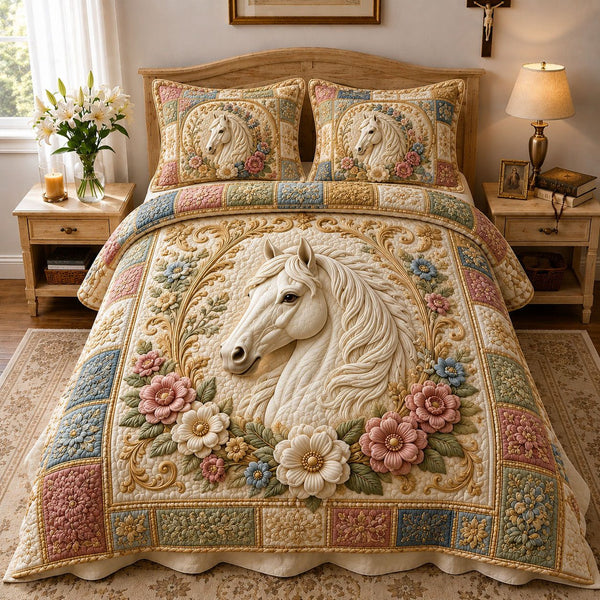 Victorian Floral White Horse quilted 3-piece bedding set on a made bed in a rustic timber bedroom