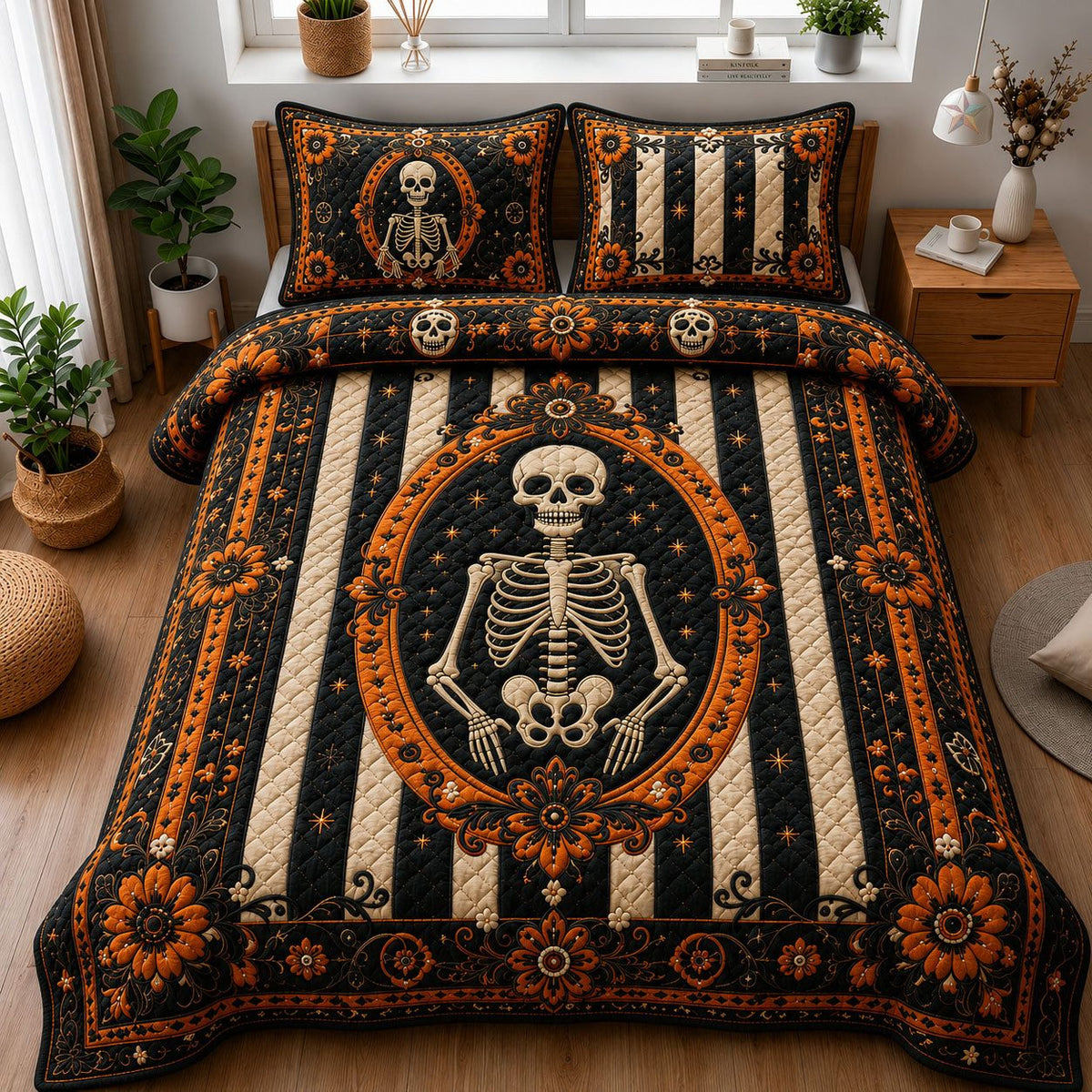 Victorian Skeleton Cameo quilted 3-piece bedding set on a made bed against a dark styled interior