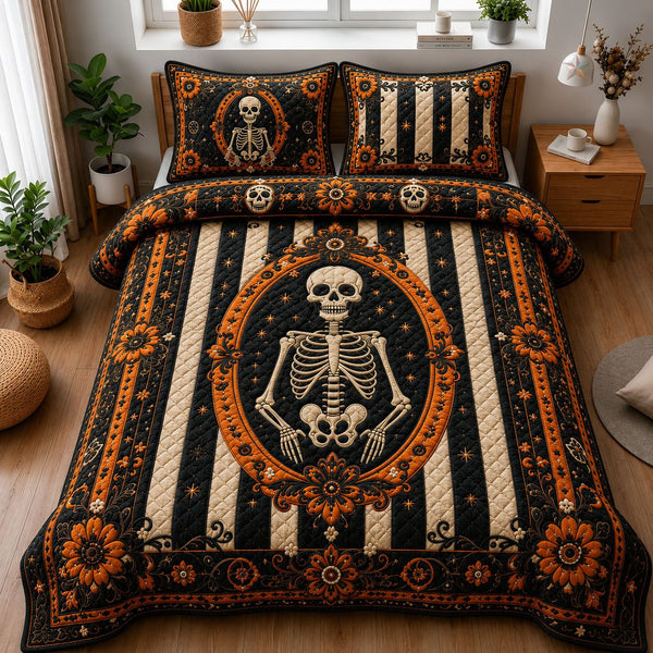 Victorian Skeleton Cameo quilted 3-piece bedding set on a made bed against a dark styled interior
