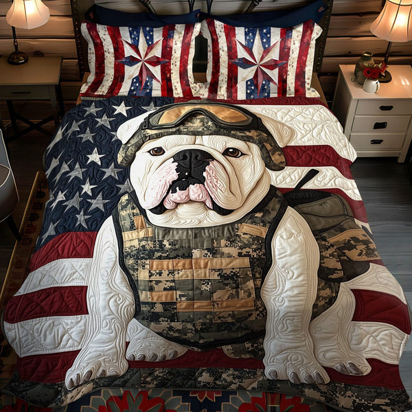 Victory Banner quilted 3-piece bedding set on a made bed with two matching pillow shams
