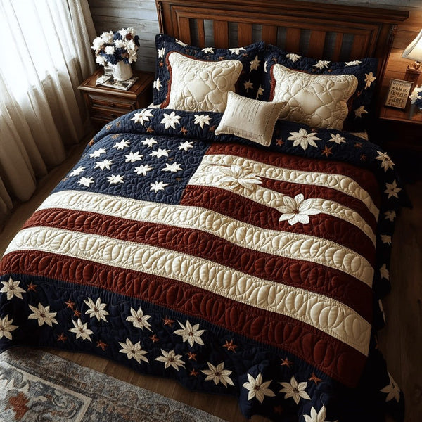 Victory Bloom quilted 3-piece bedding set on a made bed with two matching pillow shams