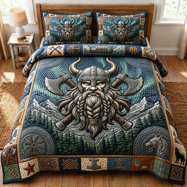 Viking Axe quilted 3-piece bedding set on a made bed with two matching pillow shams