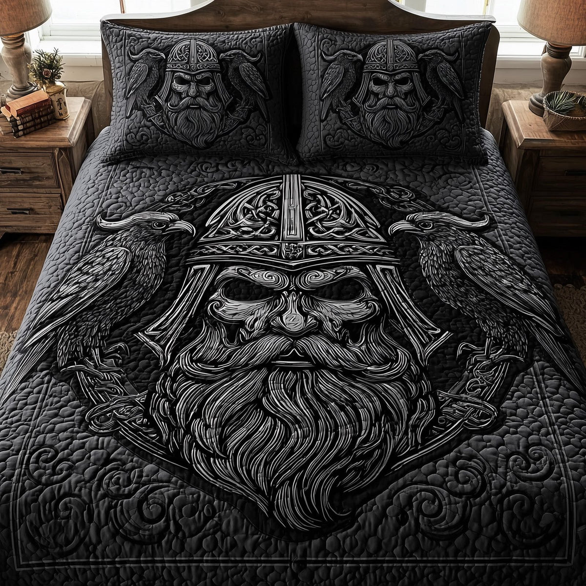 Viking God quilted 3-piece bedding set on a made bed in a softly lit bedroom