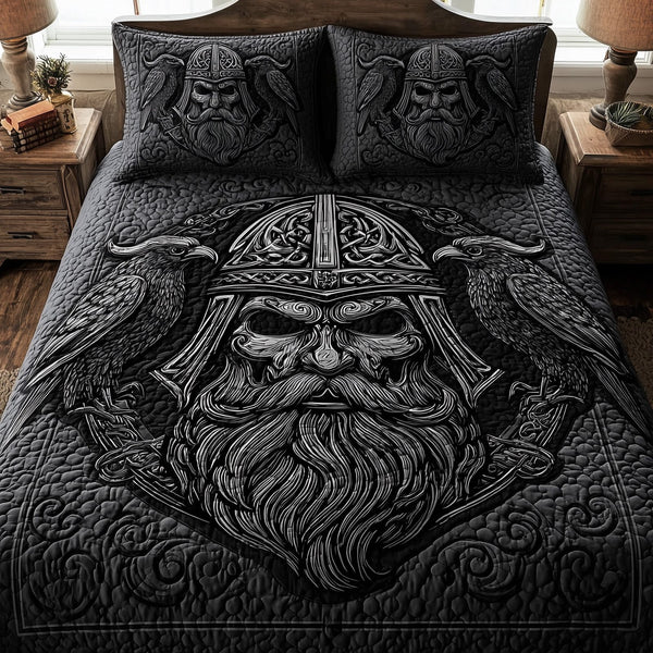 Viking God quilted 3-piece bedding set on a made bed in a softly lit bedroom