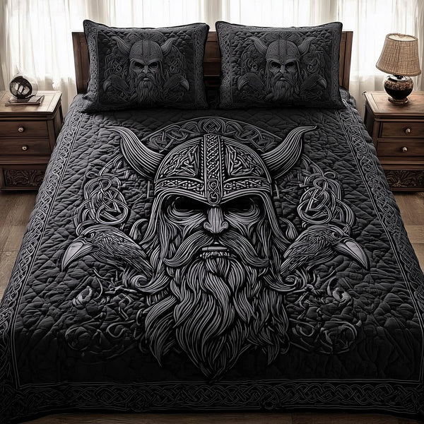 Viking God quilted 3-piece bedding set on a made bed in a softly lit bedroom