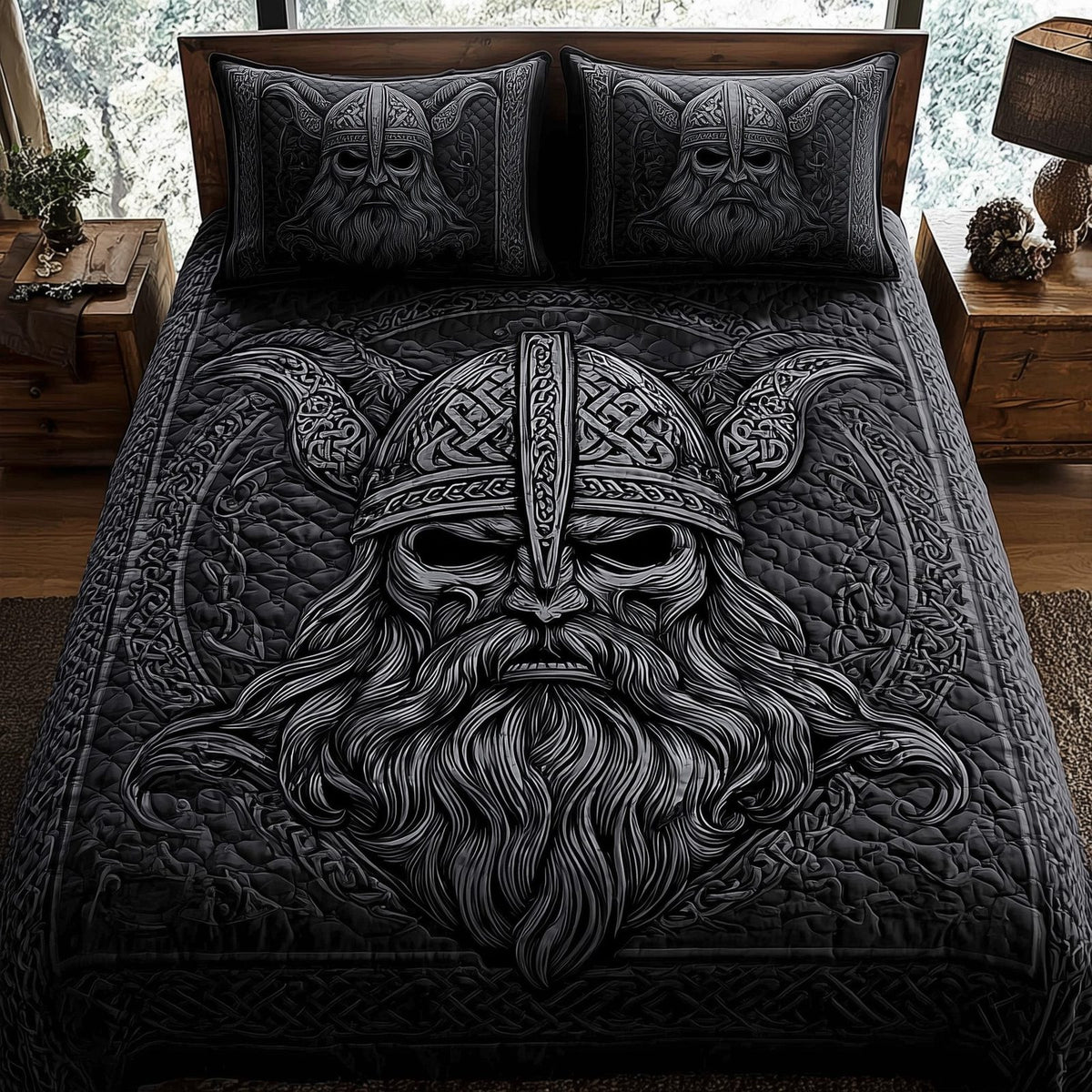 Viking God quilted 3-piece bedding set on a made bed in a softly lit bedroom