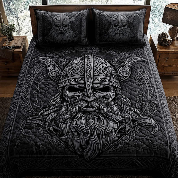 Viking God quilted 3-piece bedding set on a made bed in a softly lit bedroom