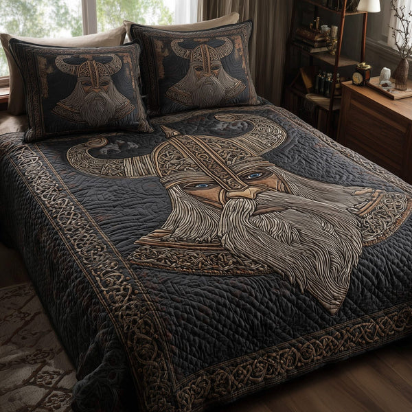 Viking God quilted 3-piece bedding set on a made bed in a softly lit bedroom