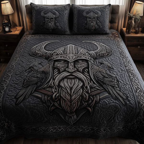 Viking God quilted 3-piece bedding set on a made bed in a softly lit bedroom