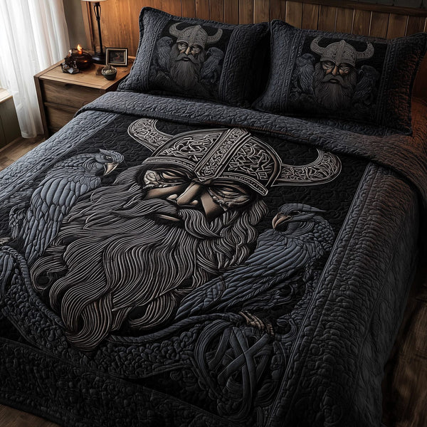 Viking God quilted 3-piece bedding set on a made bed in a softly lit bedroom