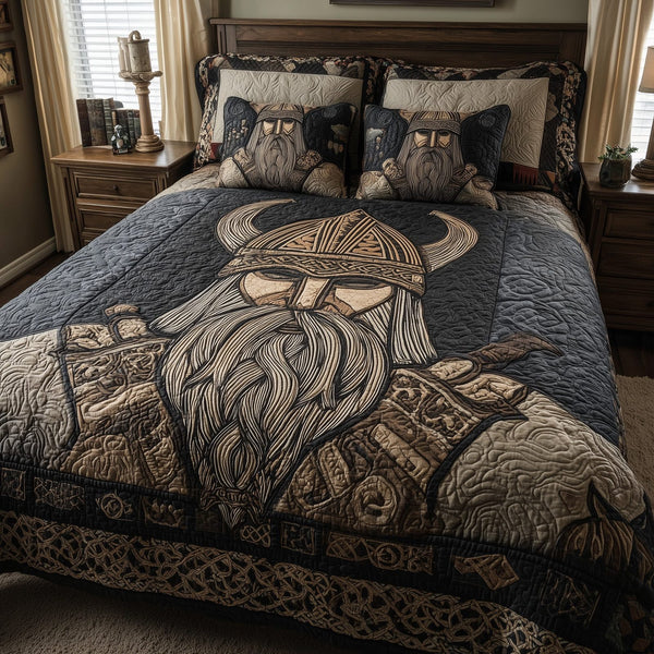 Viking God quilted 3-piece bedding set on a made bed in a softly lit bedroom