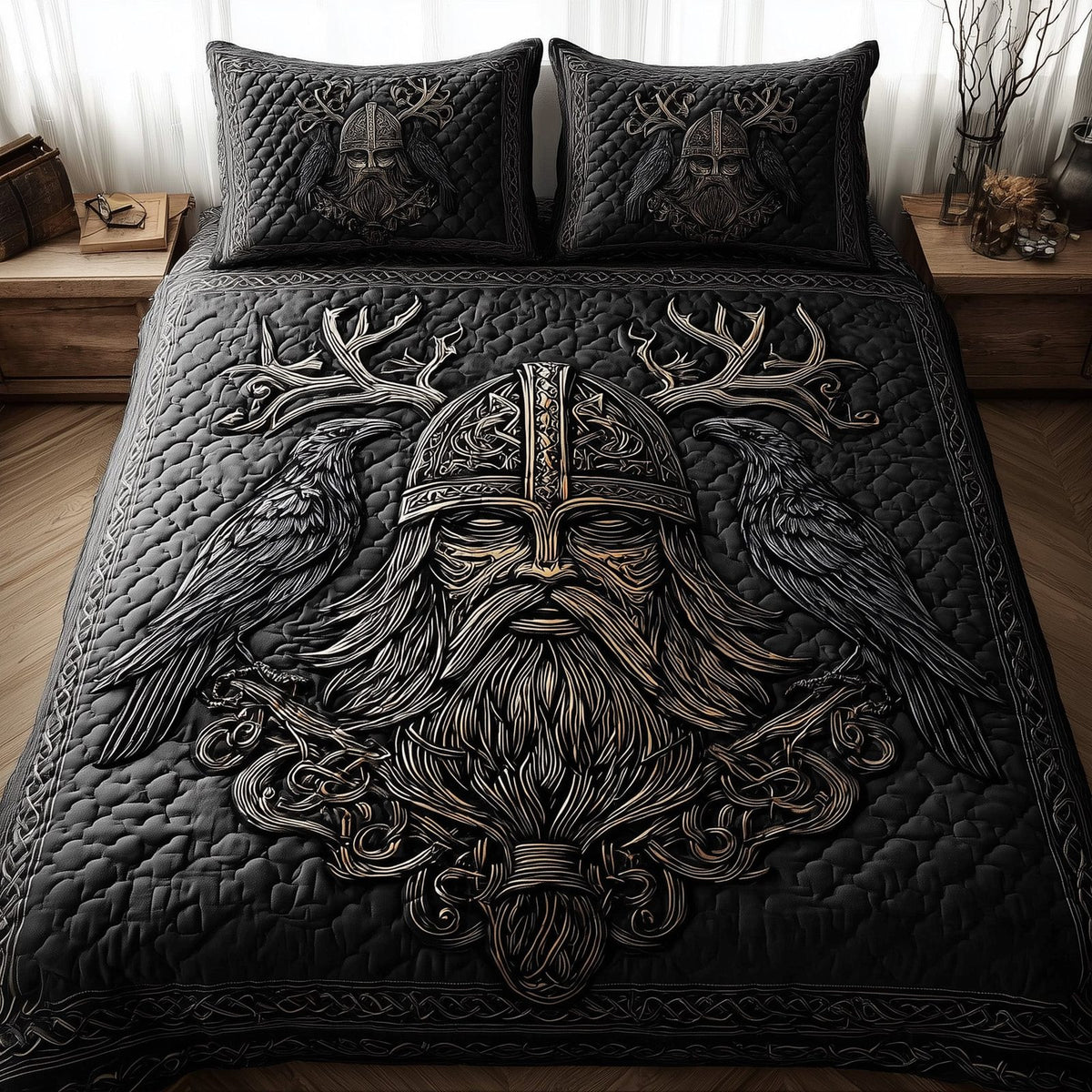 Viking God quilted 3-piece bedding set on a made bed in a softly lit bedroom