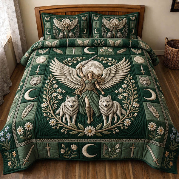 Viking Goddess quilted 3-piece bedding set on a made bed with two matching pillow shams