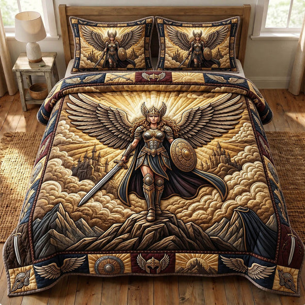 Viking Goddess quilted 3-piece bedding set on a made bed with two matching pillow shams