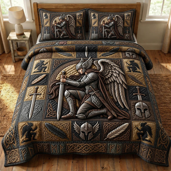 Viking Goddess quilted 3-piece bedding set on a made bed with two matching pillow shams