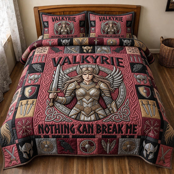 Viking Goddess quilted 3-piece bedding set on a made bed with two matching pillow shams