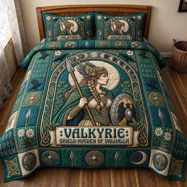 Viking Goddess quilted 3-piece bedding set on a made bed with two matching pillow shams