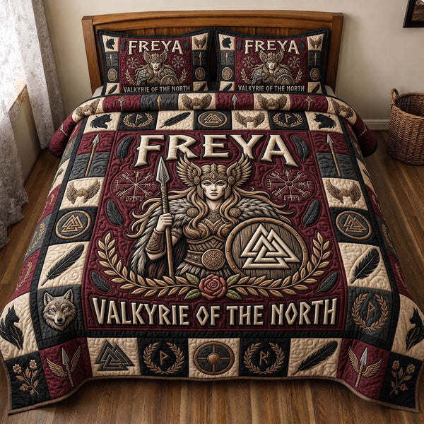 Viking Goddess quilted 3-piece bedding set on a made bed with two matching pillow shams
