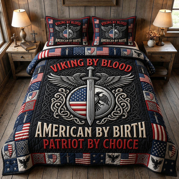Viking Heritage quilted 3-piece bedding set on a made bed in a farmhouse bedroom