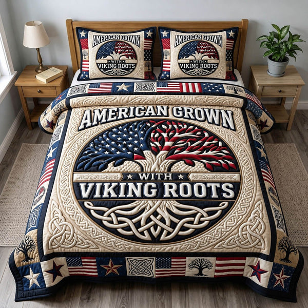 Viking Heritage quilted 3-piece bedding set on a made bed in a farmhouse bedroom