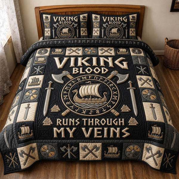Viking Heritage quilted 3-piece bedding set on a made bed in a farmhouse bedroom