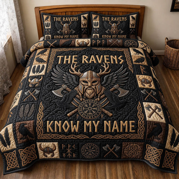 Viking Heritage quilted 3-piece bedding set on a made bed in a farmhouse bedroom