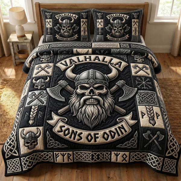Viking Heritage quilted 3-piece bedding set on a made bed in a farmhouse bedroom