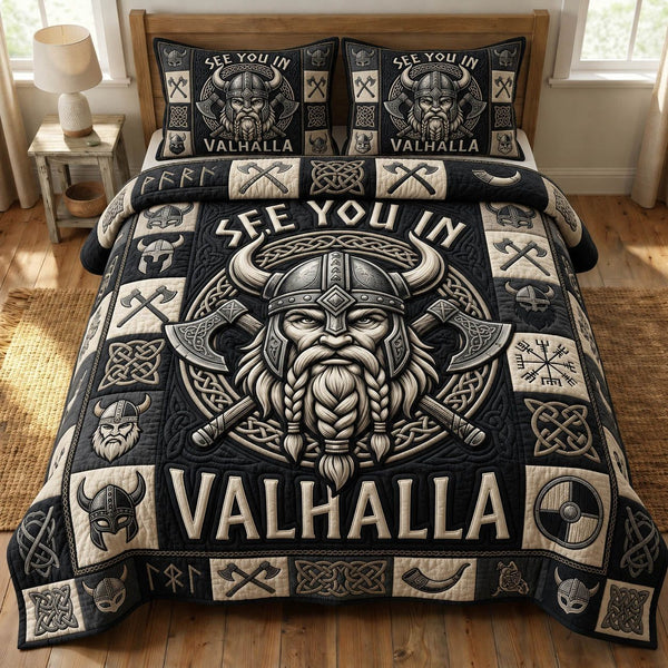 Viking Heritage quilted 3-piece bedding set on a made bed in a farmhouse bedroom