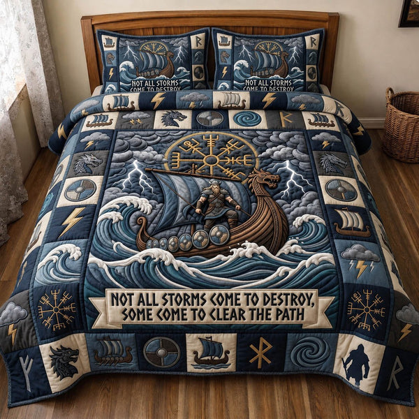 Viking Heritage quilted 3-piece bedding set on a made bed in a farmhouse bedroom