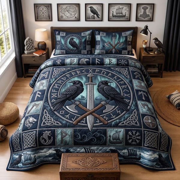 Viking Honor quilted 3-piece bedding set on a made bed in a warmly lit bedroom