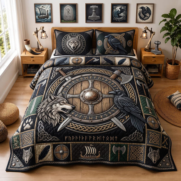 Viking Legacy quilted 3-piece bedding set on a made bed with two matching pillow shams