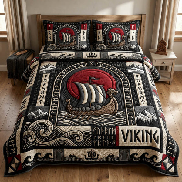 Viking Longship quilted 3-piece bedding set on a made bed with two matching pillow shams