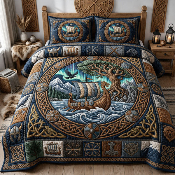 Viking Longship quilted 3-piece bedding set on a made bed with two matching pillow shams