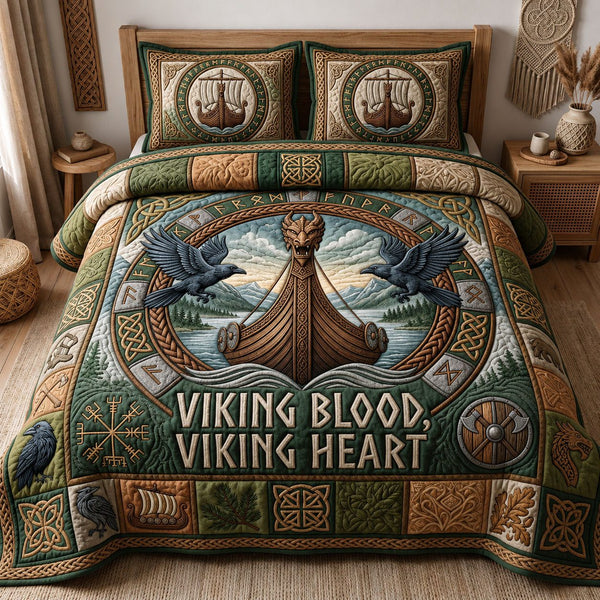 Viking Longship quilted 3-piece bedding set on a made bed with two matching pillow shams