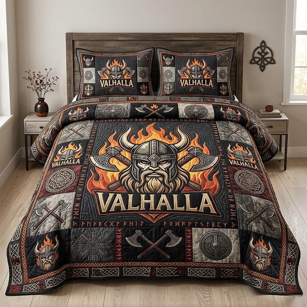 Viking quilted 3-piece bedding set on a made bed with two matching pillow shams
