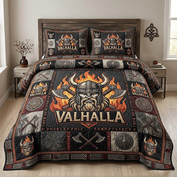 Viking quilted 3-piece bedding set on a made bed with two matching pillow shams