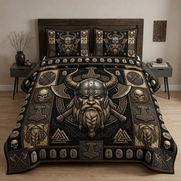 Viking quilted 3-piece bedding set on a made bed with two matching pillow shams