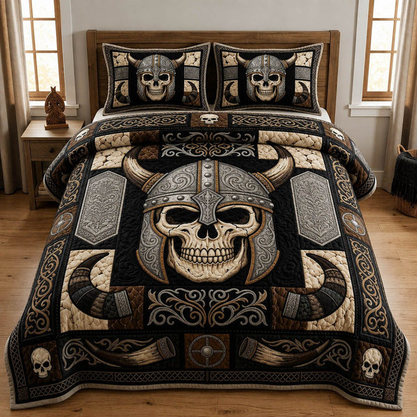 Viking Skull quilted 3-piece bedding set on a made bed against a dark styled interior
