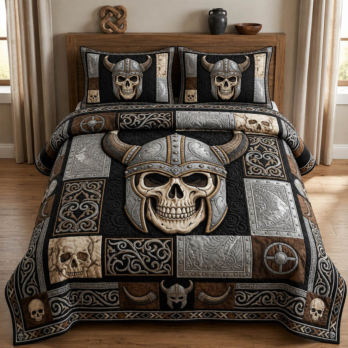 Viking Skull quilted 3-piece bedding set on a made bed against a dark styled interior