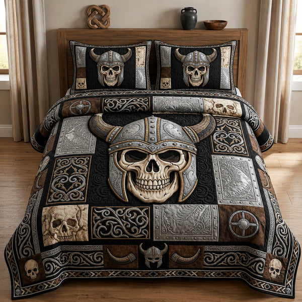 Viking Skull quilted 3-piece bedding set on a made bed against a dark styled interior