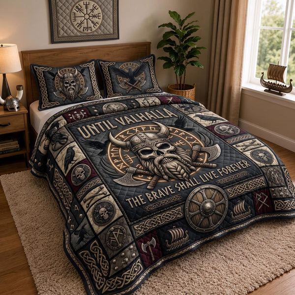 Viking Spirit quilted 3-piece bedding set on a made bed with two matching pillow shams