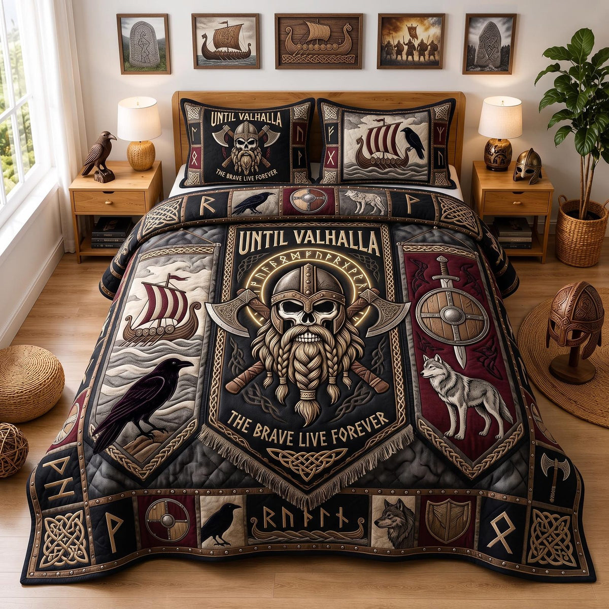 Viking Warrior quilted 3-piece bedding set on a made bed with two matching pillow shams