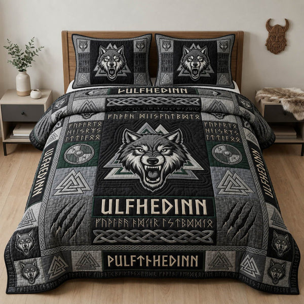 Viking Wolf quilted 3-piece bedding set on a made bed with two matching pillow shams