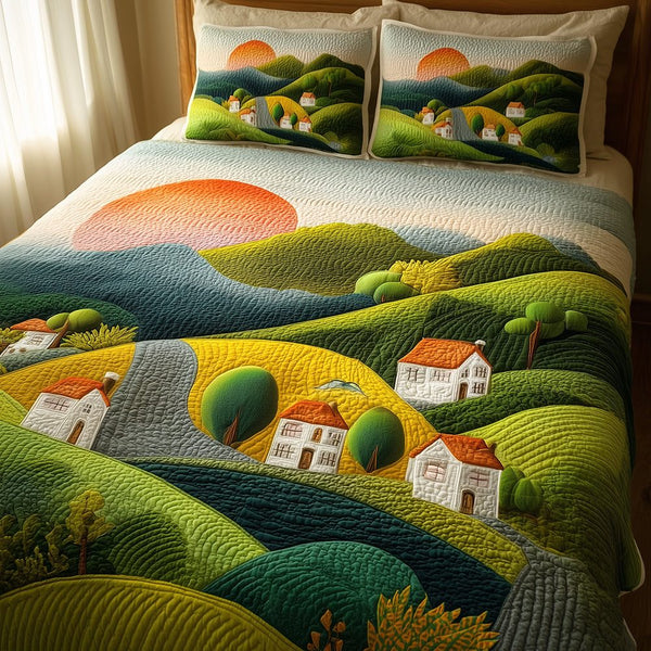 Village Bliss quilted 3-piece bedding set on a made bed with two matching pillow shams