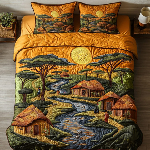 Village Calm quilted 3-piece bedding set on a made bed with two matching pillow shams