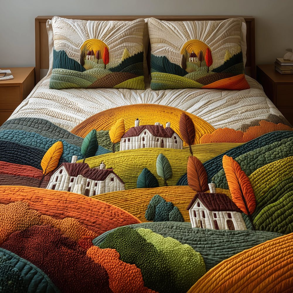 Village Hills quilted 3-piece bedding set on a made bed with two matching pillow shams