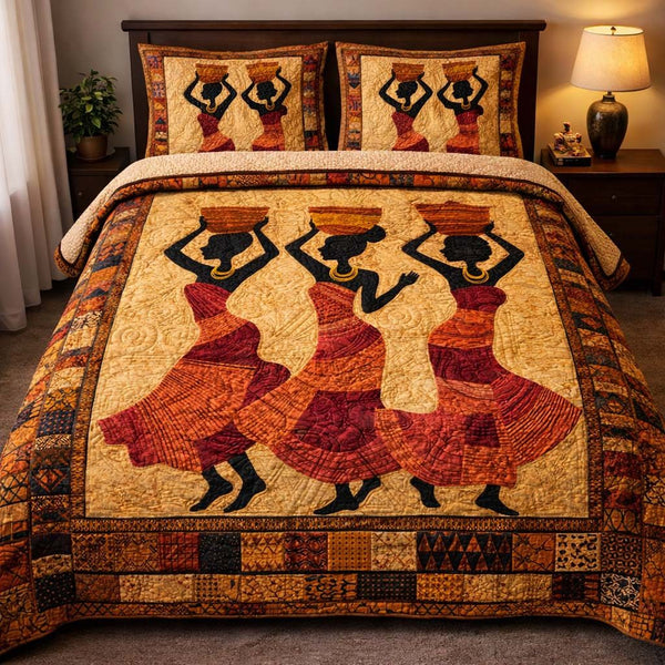 Village Life Harmony quilted 3-piece bedding set on a made bed with two matching pillow shams