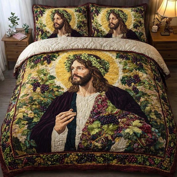 Vineyard Crown quilted 3-piece bedding set on a made bed with two matching pillow shams