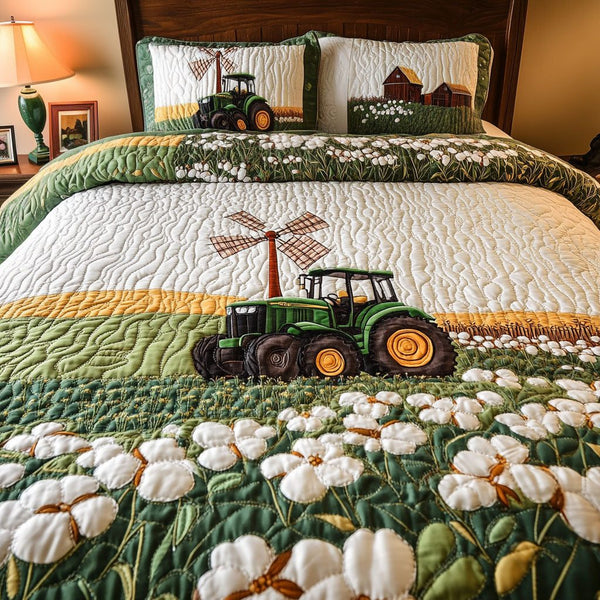Vineyard Escape quilted 3-piece bedding set on a made bed with two matching pillow shams