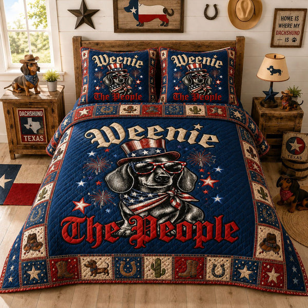 Vintage Americana Dachshund quilted 3-piece bedding set on a made bed in a warmly lit bedroom